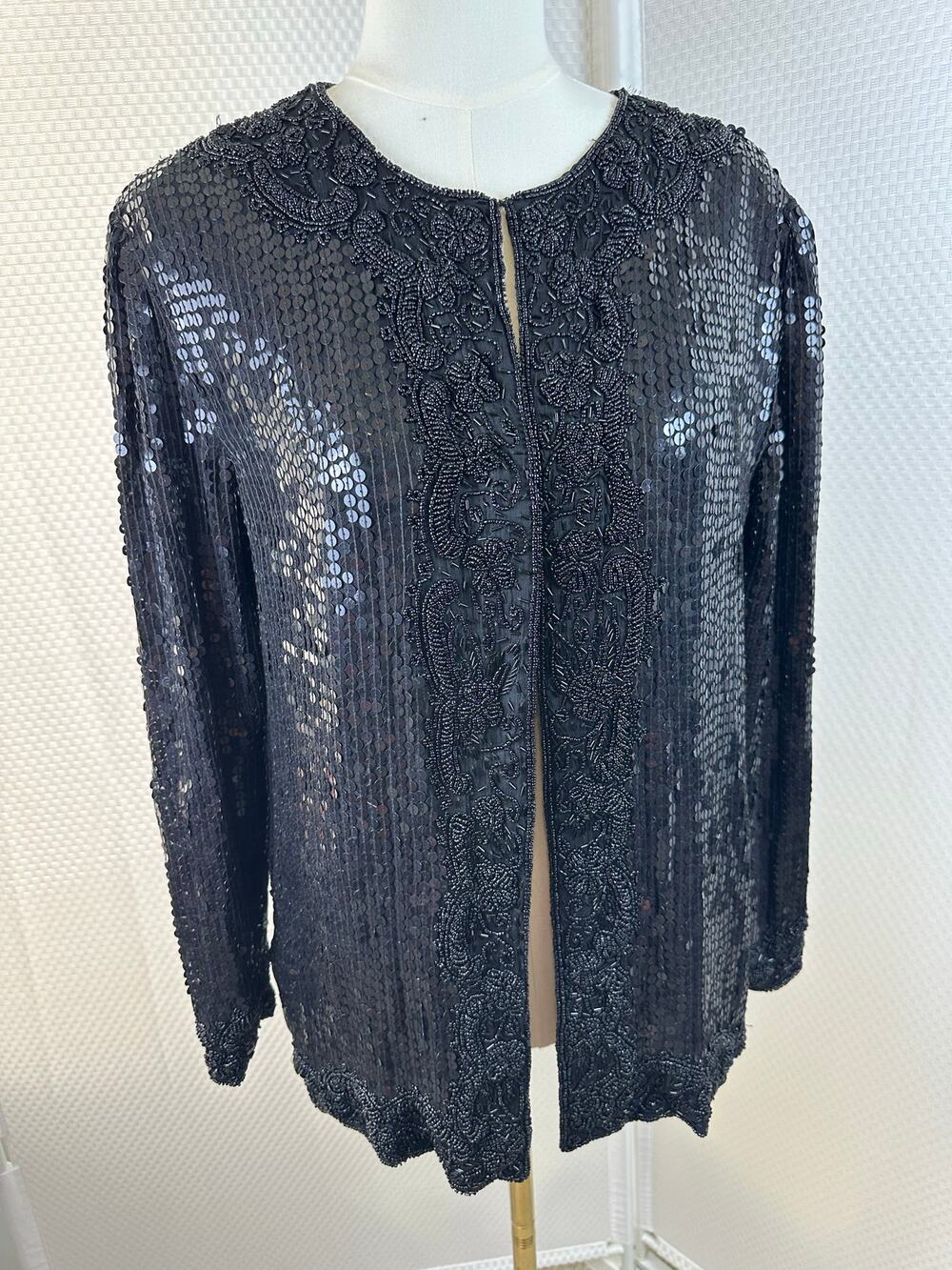 Vintage Champellyse 100% Silk Black Beaded Sequin Jacket Open Front Size S 6/8